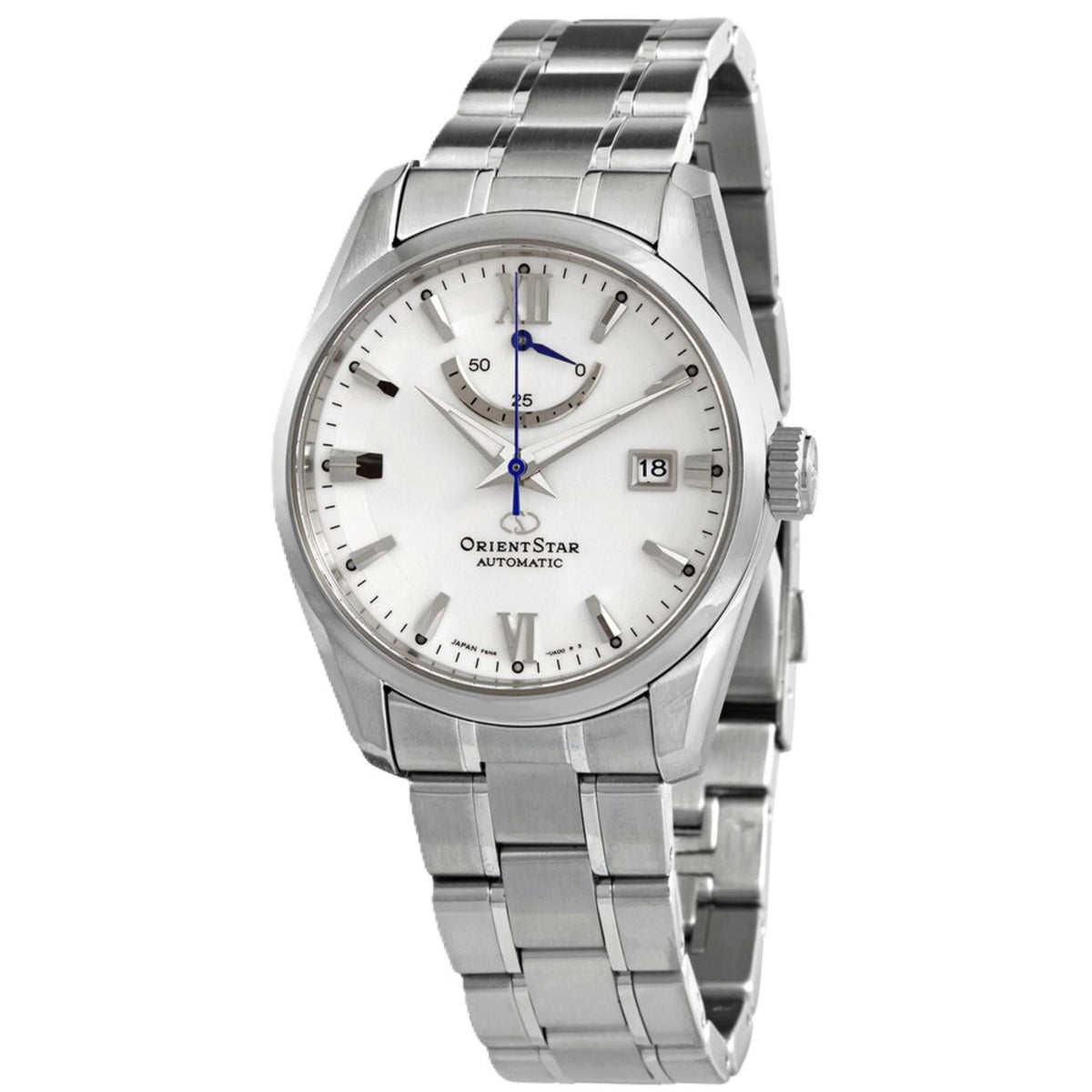 Orient Star automatic watch front view, silver dial with Roman numerals and date