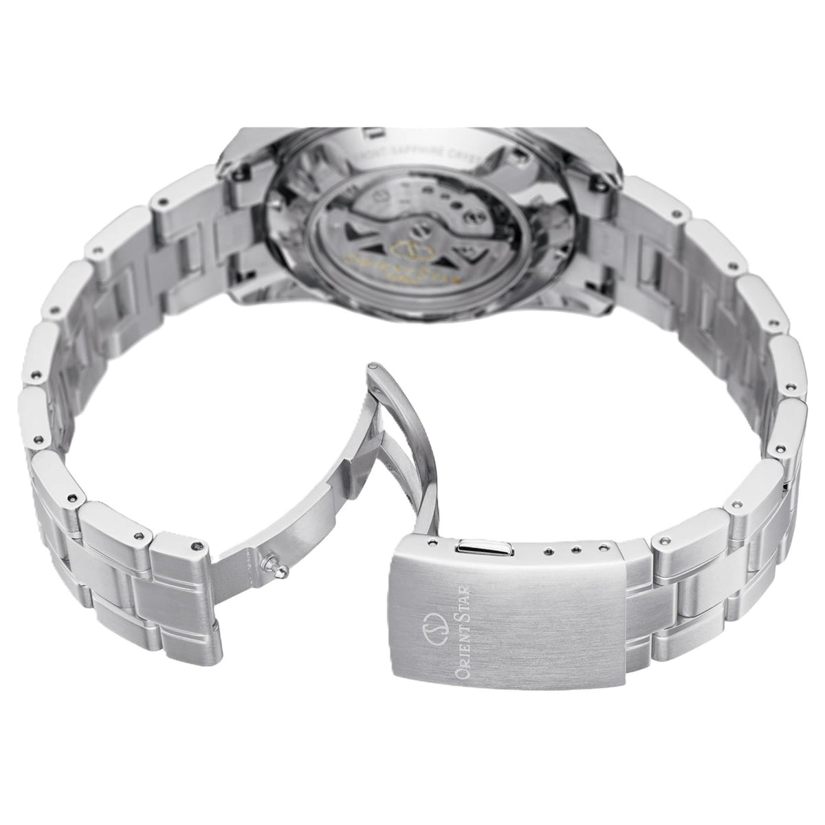 Steel automatic watch caseback with bracelet links, visible watch movement