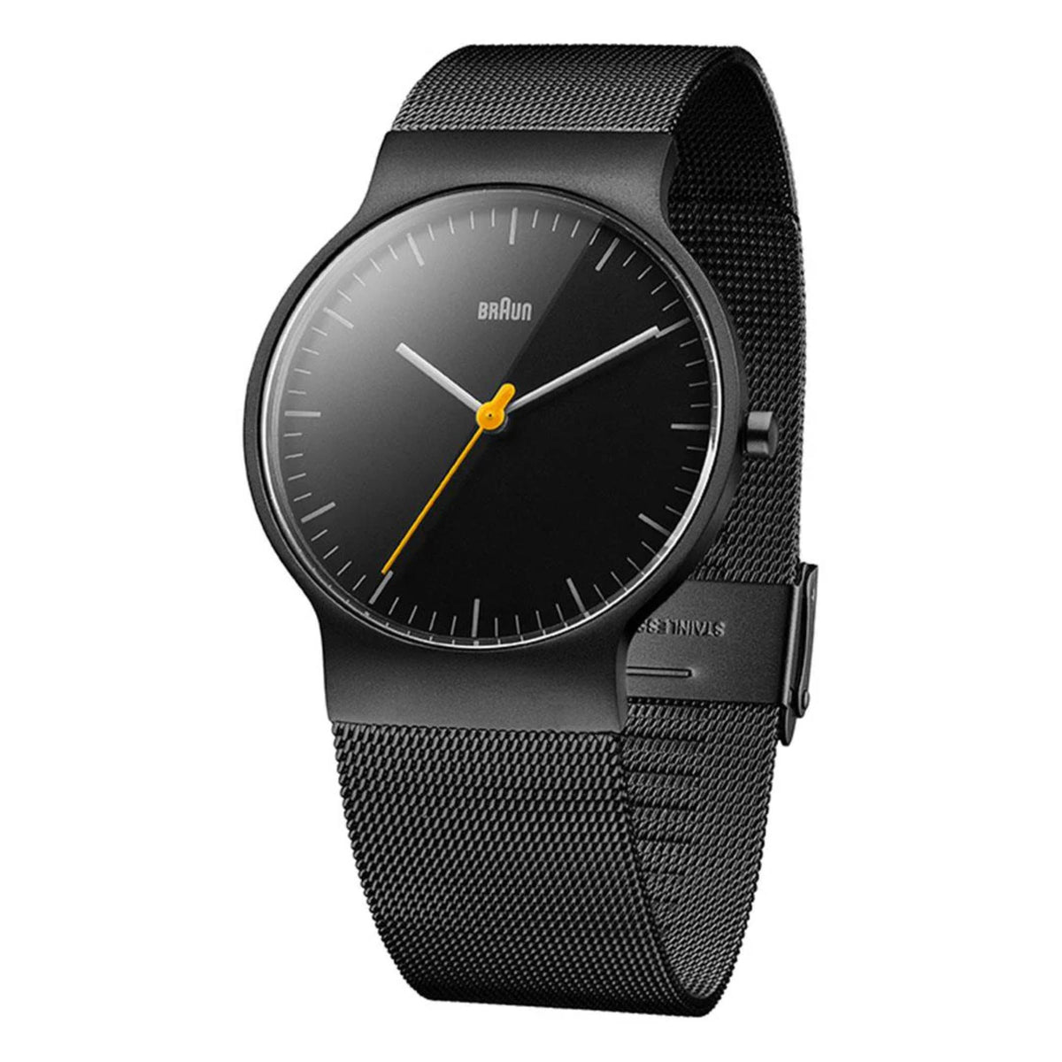 Men's Braun watch with black dial and black steel mesh strap, yellow seconds hand