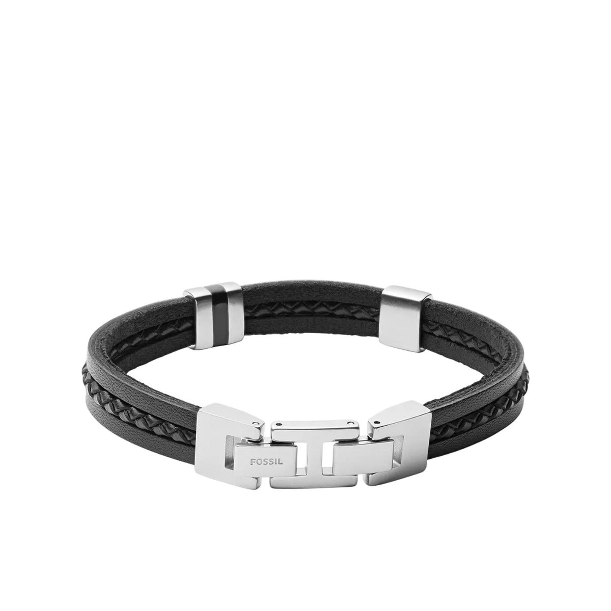 Black woven leather bracelet with silver-tone clasp plates and engraved logo