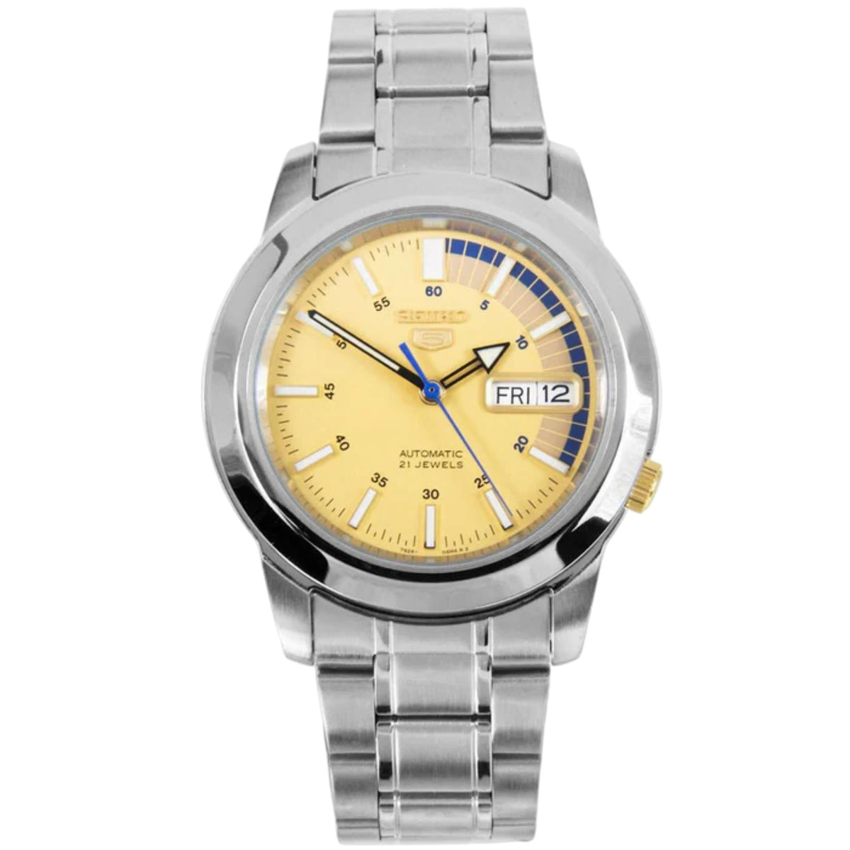 Men's automatic wrist watch full view, gold dial, stainless steel bracelet, blue seconds hand