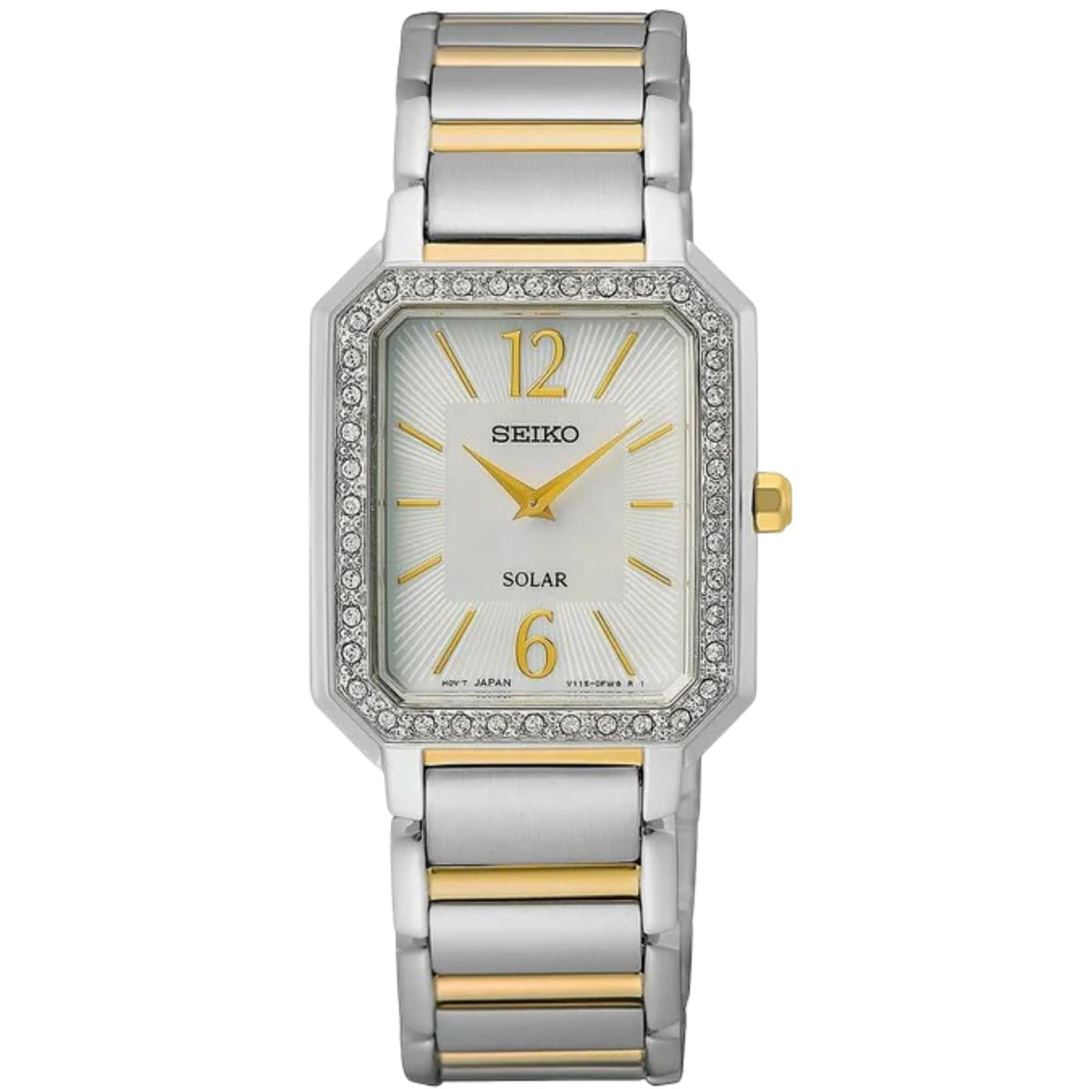 Solar ladies watch with mother-of-pearl dial, gold hour markers, and crystal bezel