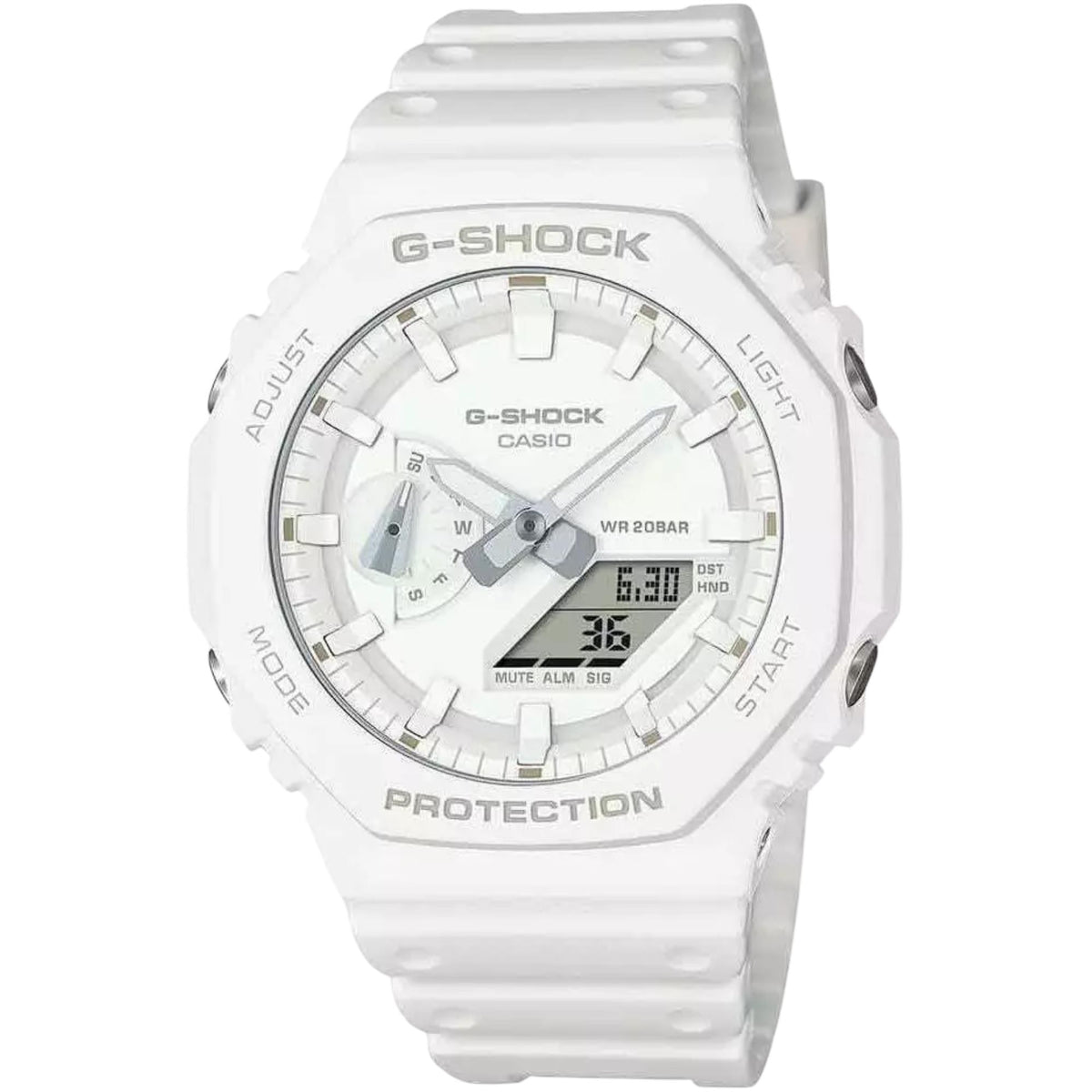 Casio G-Shock watch with white dial, white resin strap, analog hands and digital window
