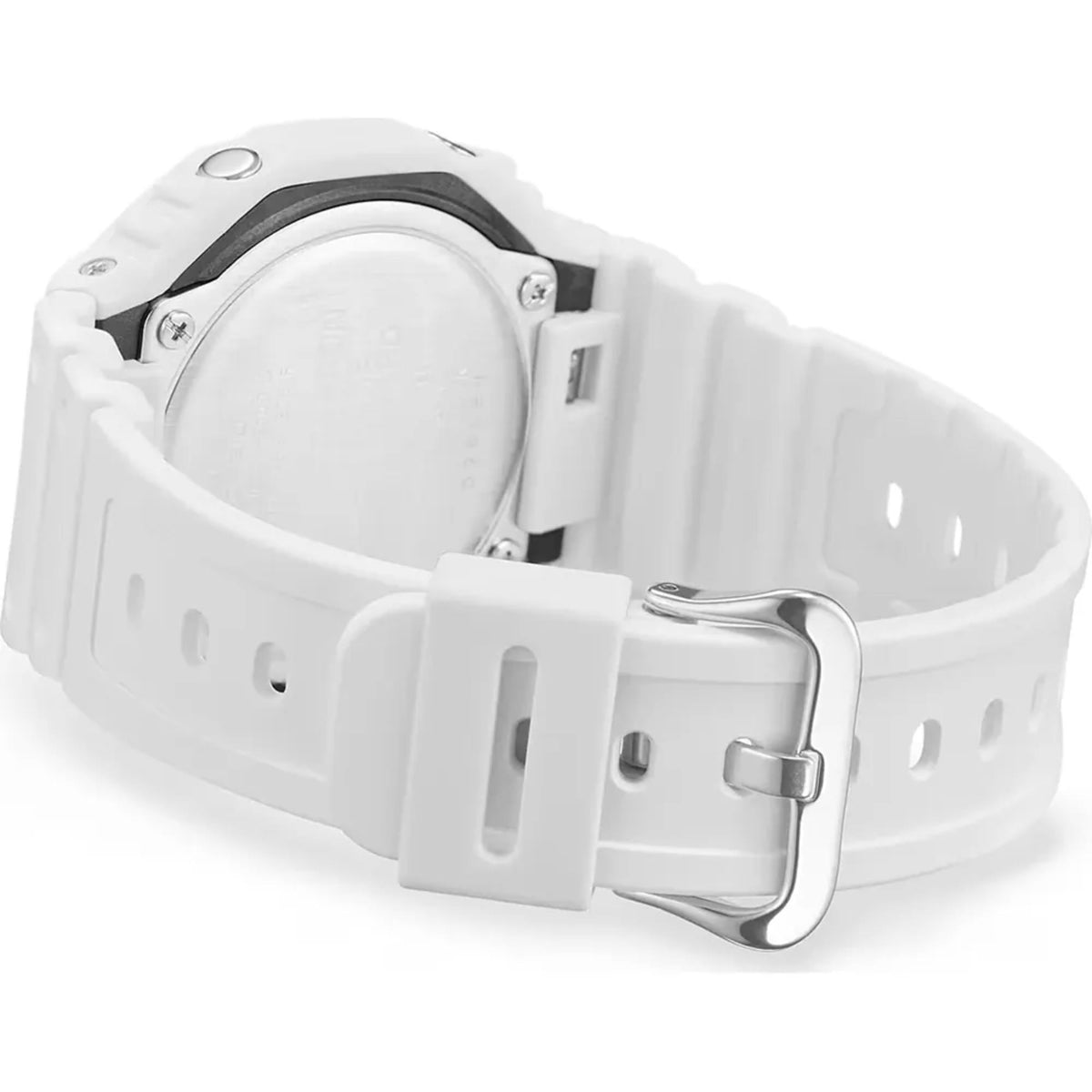 White resin strap analog-digital watch with silver-toned case, side view