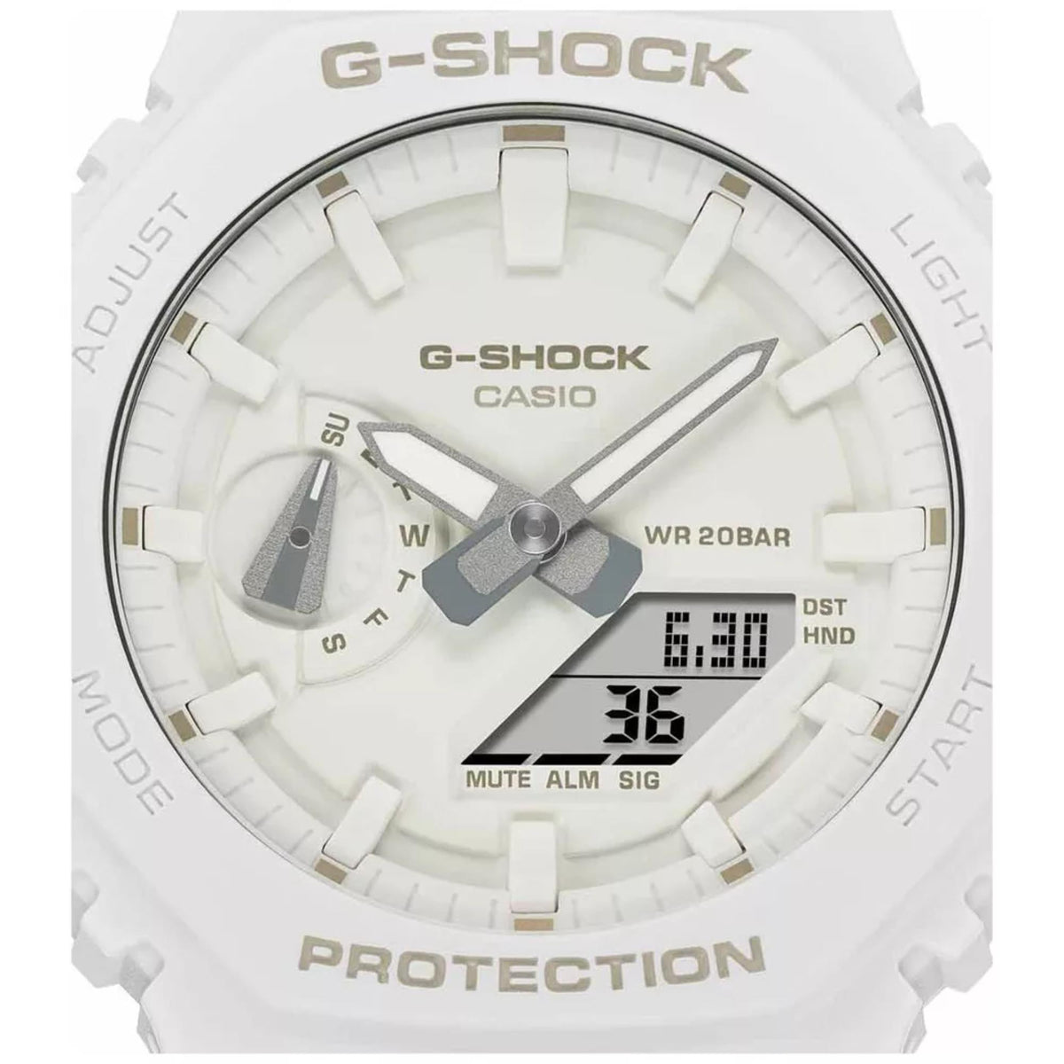 White dial analog-digital watch face with hour markers and digital screen