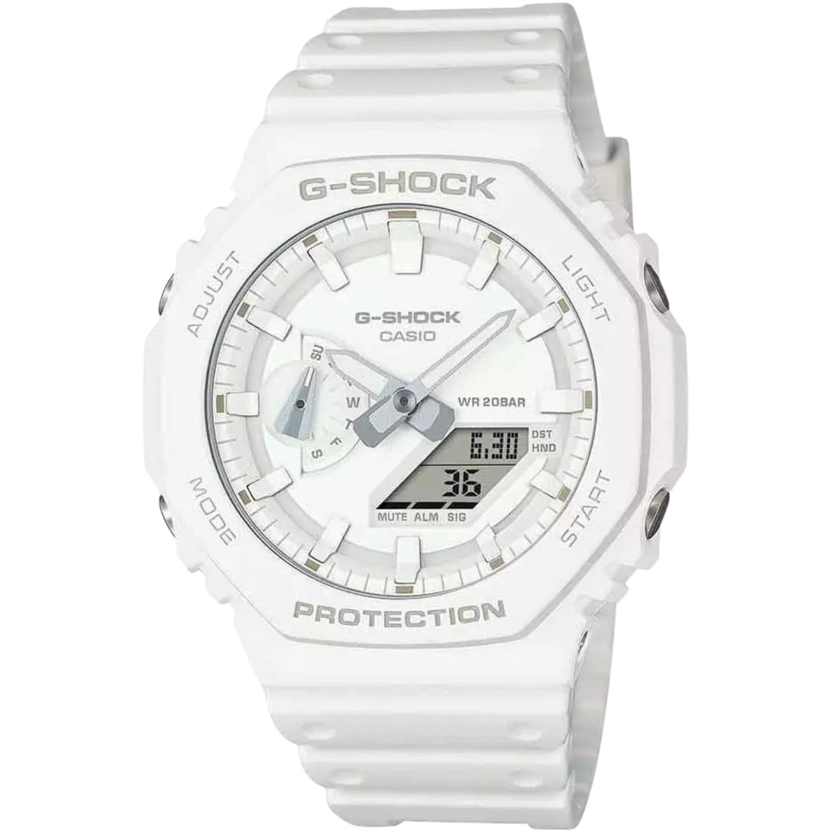 Casio G-Shock watch with white dial and white resin case, analog and digital display