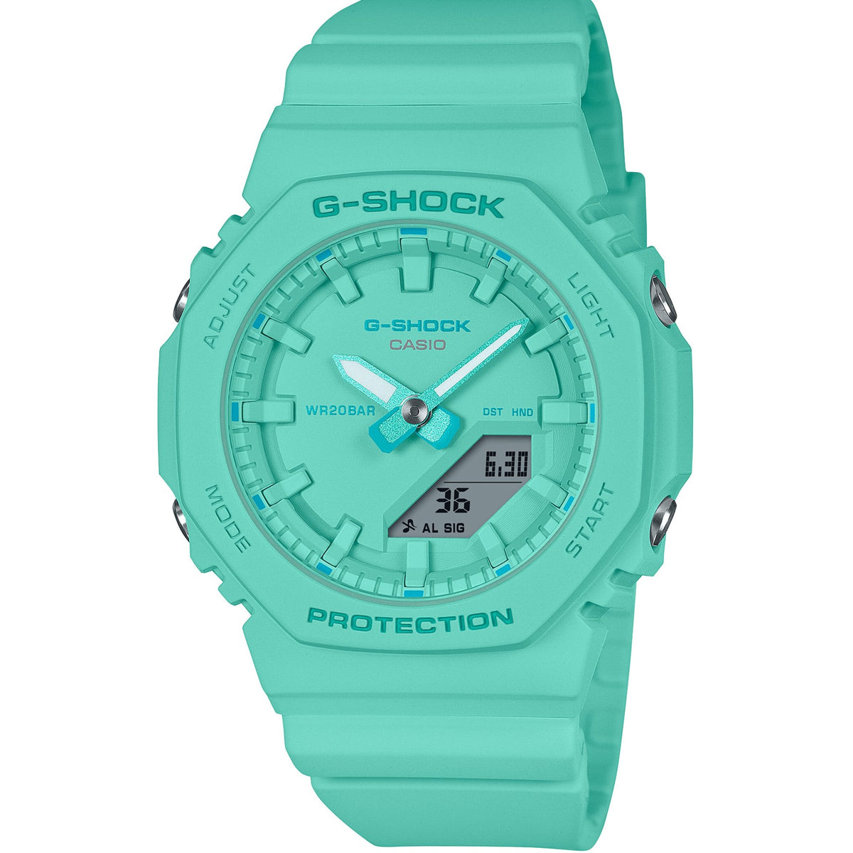 Turquoise resin sport watch with green dial, analog hands, and digital date/time display.