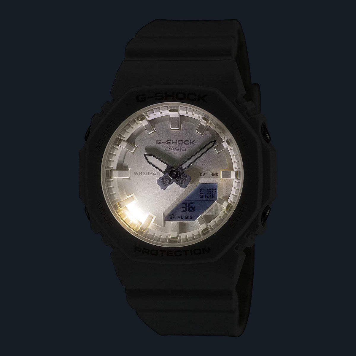 Front view of black G-Shock analog-digital watch with black resin strap and digital readout