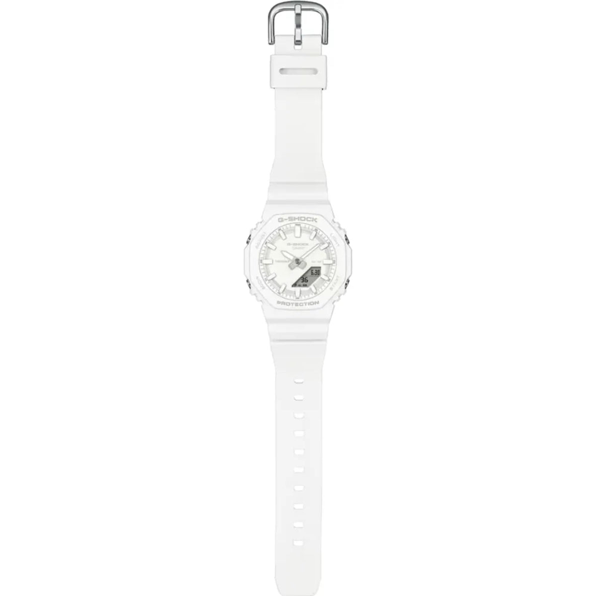 White G-Shock watch standing upright with white resin strap and analog-digital face