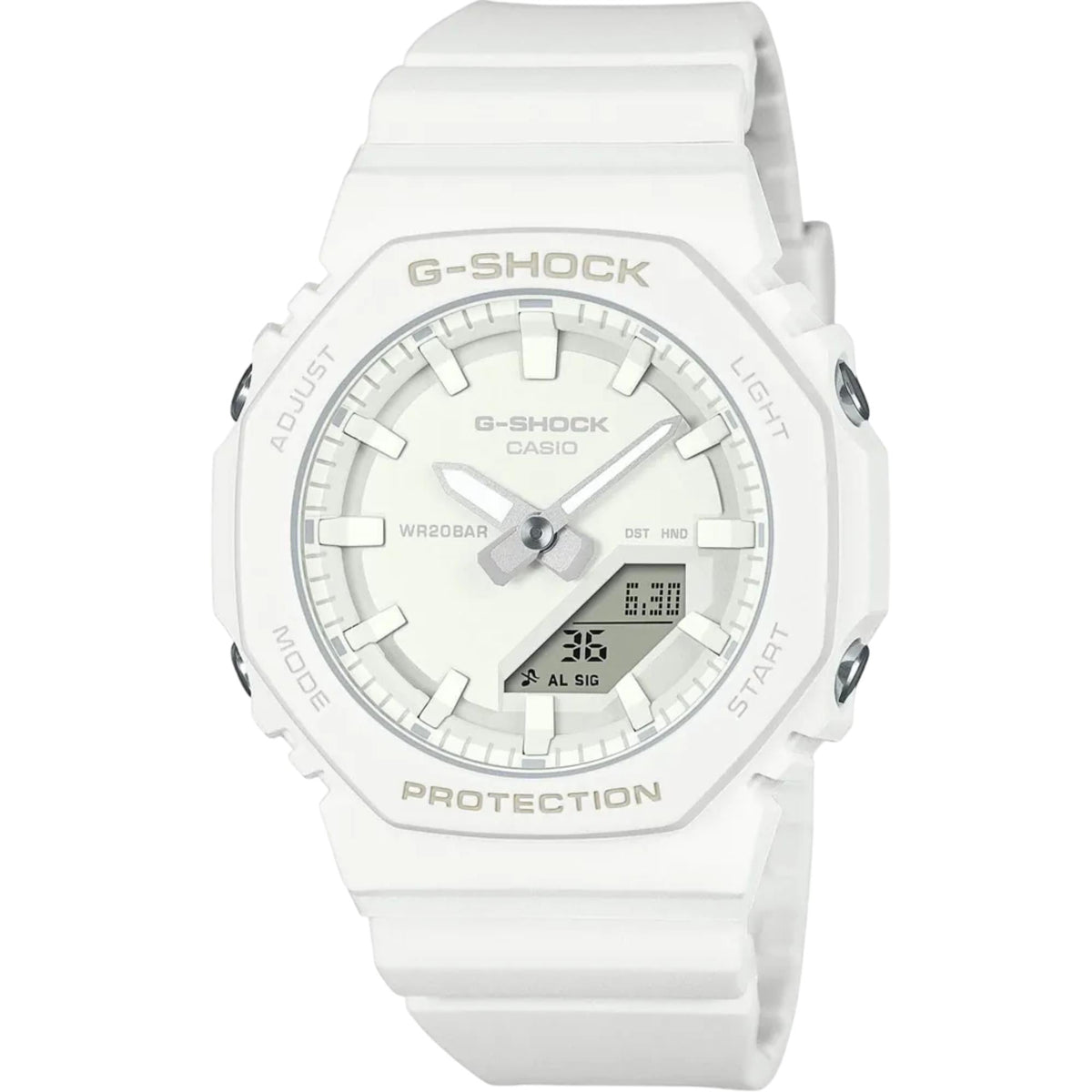 Front view of white G-Shock analog-digital watch with white resin strap and rectangular display