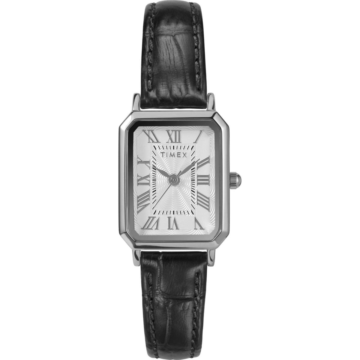Women's Timex rectangular watch with white dial and black leather strap, silver-tone crown