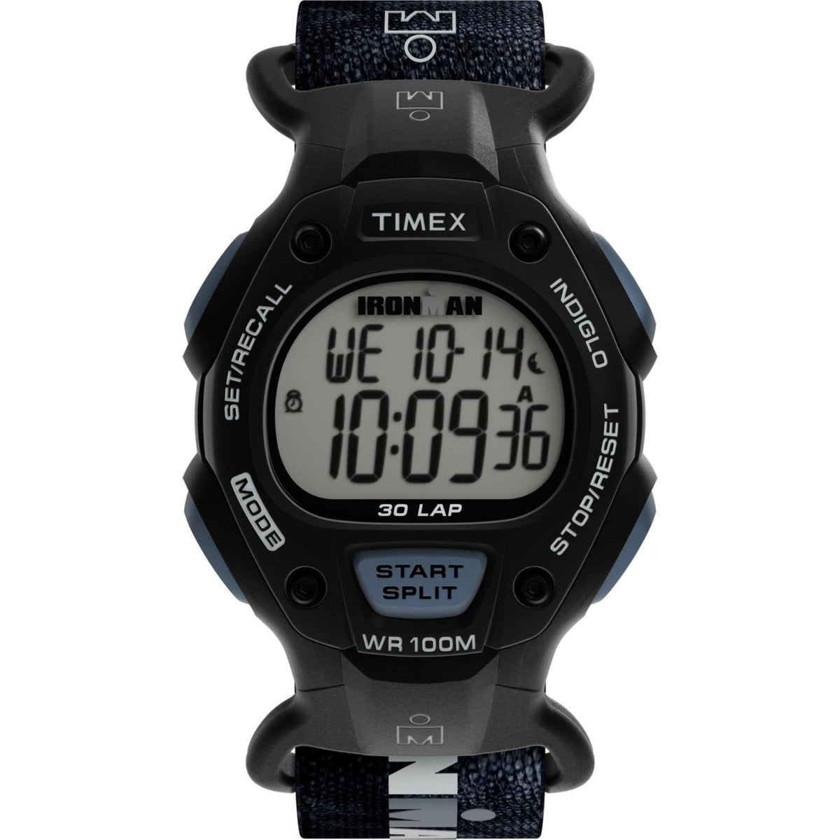 Men's black digital quartz sports watch with 30-lap display, WR 100m, fabric strap
