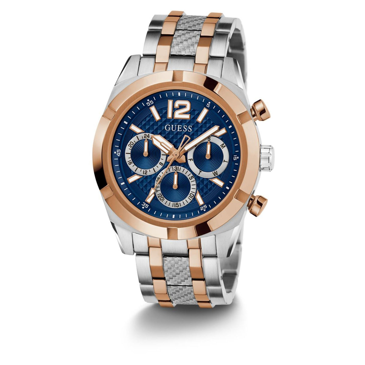 Men's stainless steel watch with blue dial, three subdials, rose-gold bezel and two-tone bracelet.