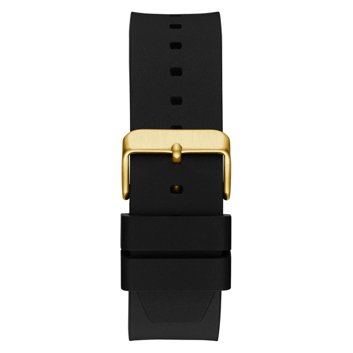 Men's analog watch rear view, black silicone strap and gold buckle detail