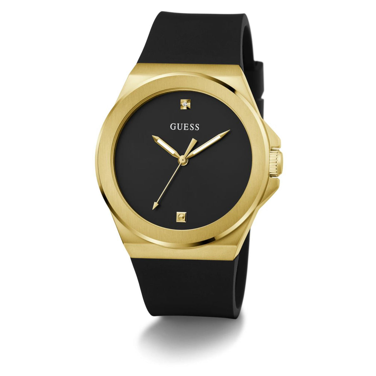 Men's gold-tone watch with black dial, logo markers, and black silicone strap
