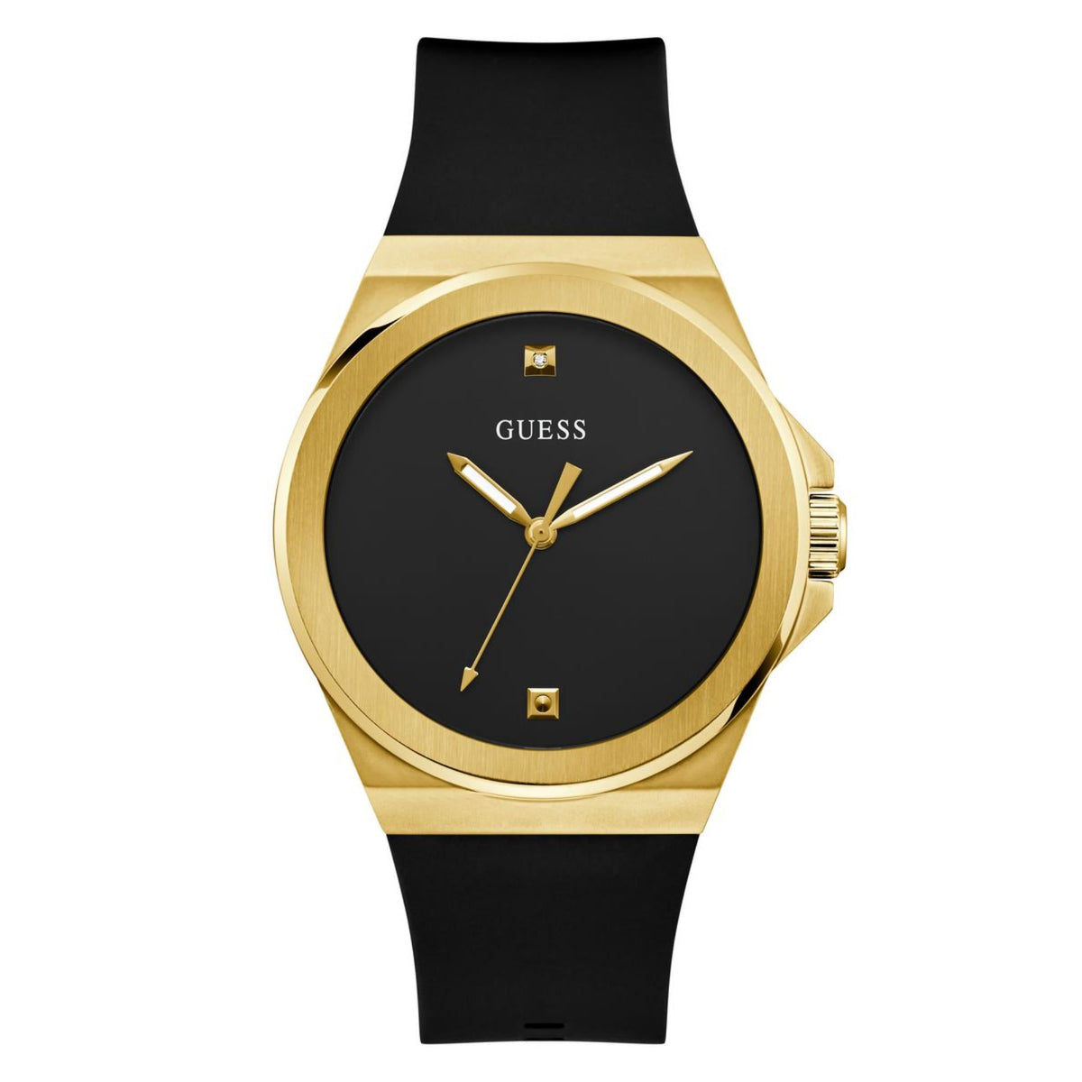 Men's analog watch front view, gold bezel over black dial with three hands