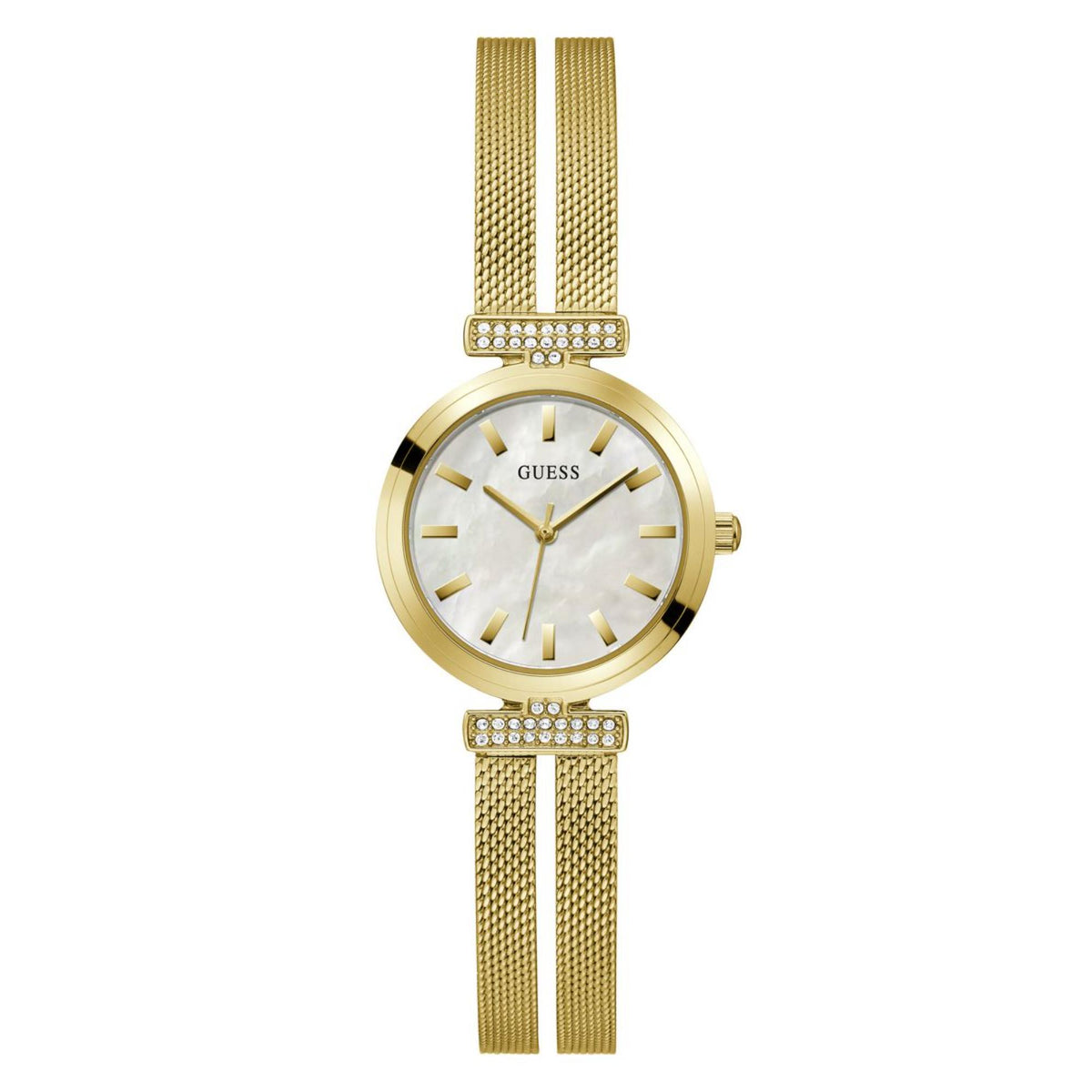 Guess women's watch front view: gold mesh strap, mother-of-pearl dial, rhinestone lugs