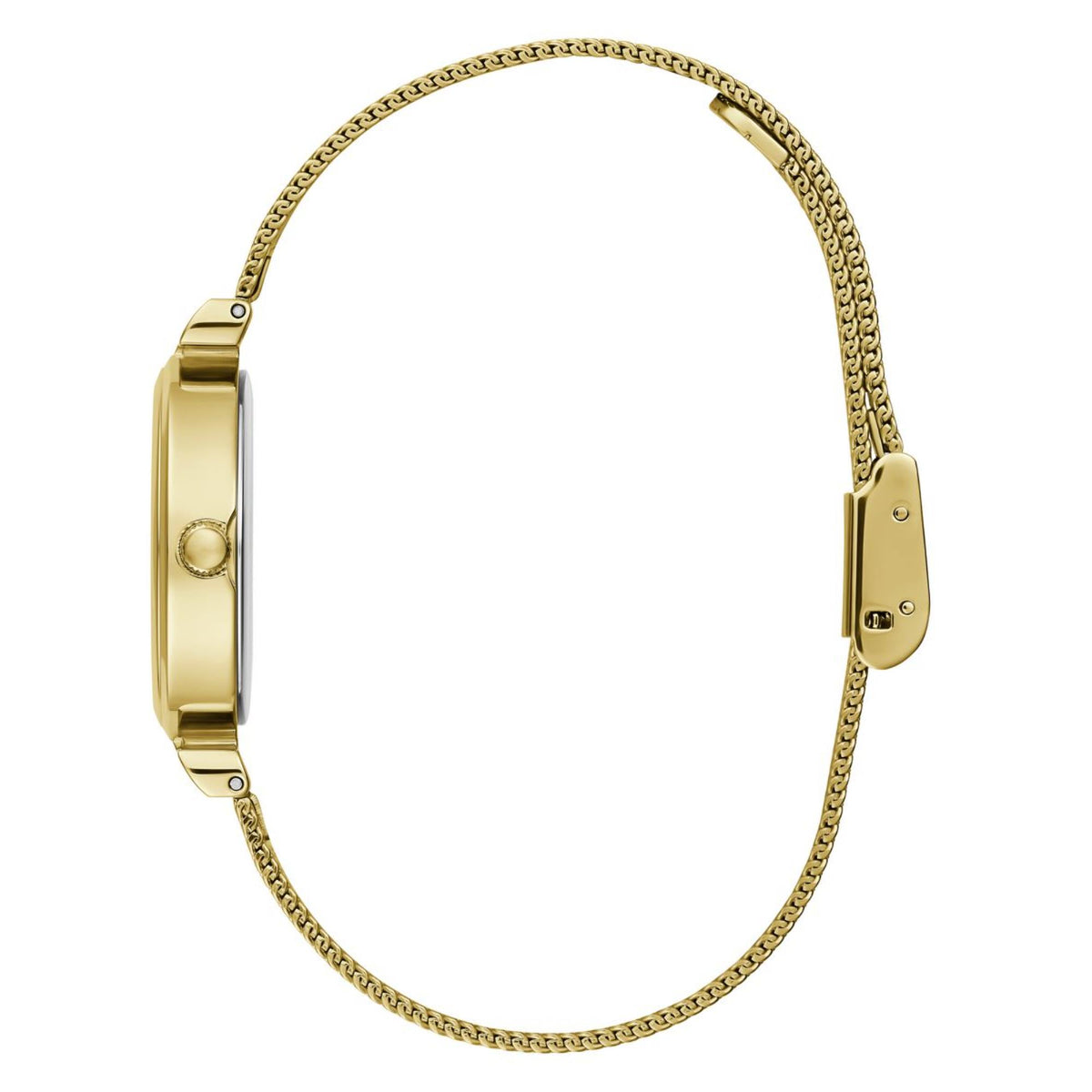Women's wrist watch with gold-tone mesh strap and round side profile