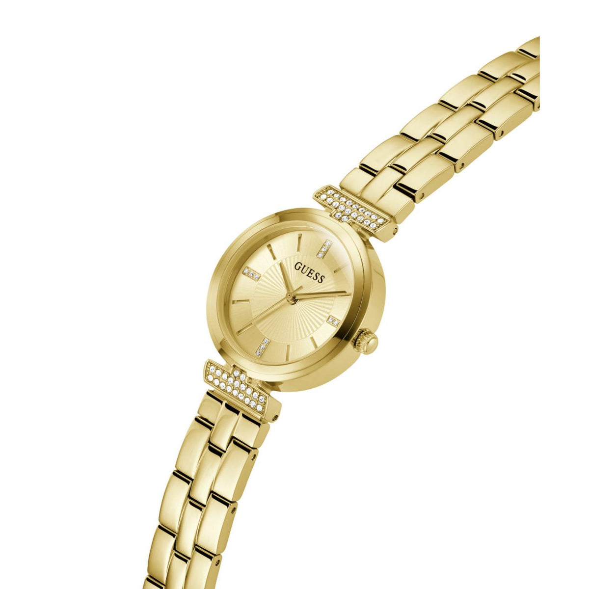 Women's gold-tone stainless steel watch with champagne dial, gem-studded bezel, link bracelet