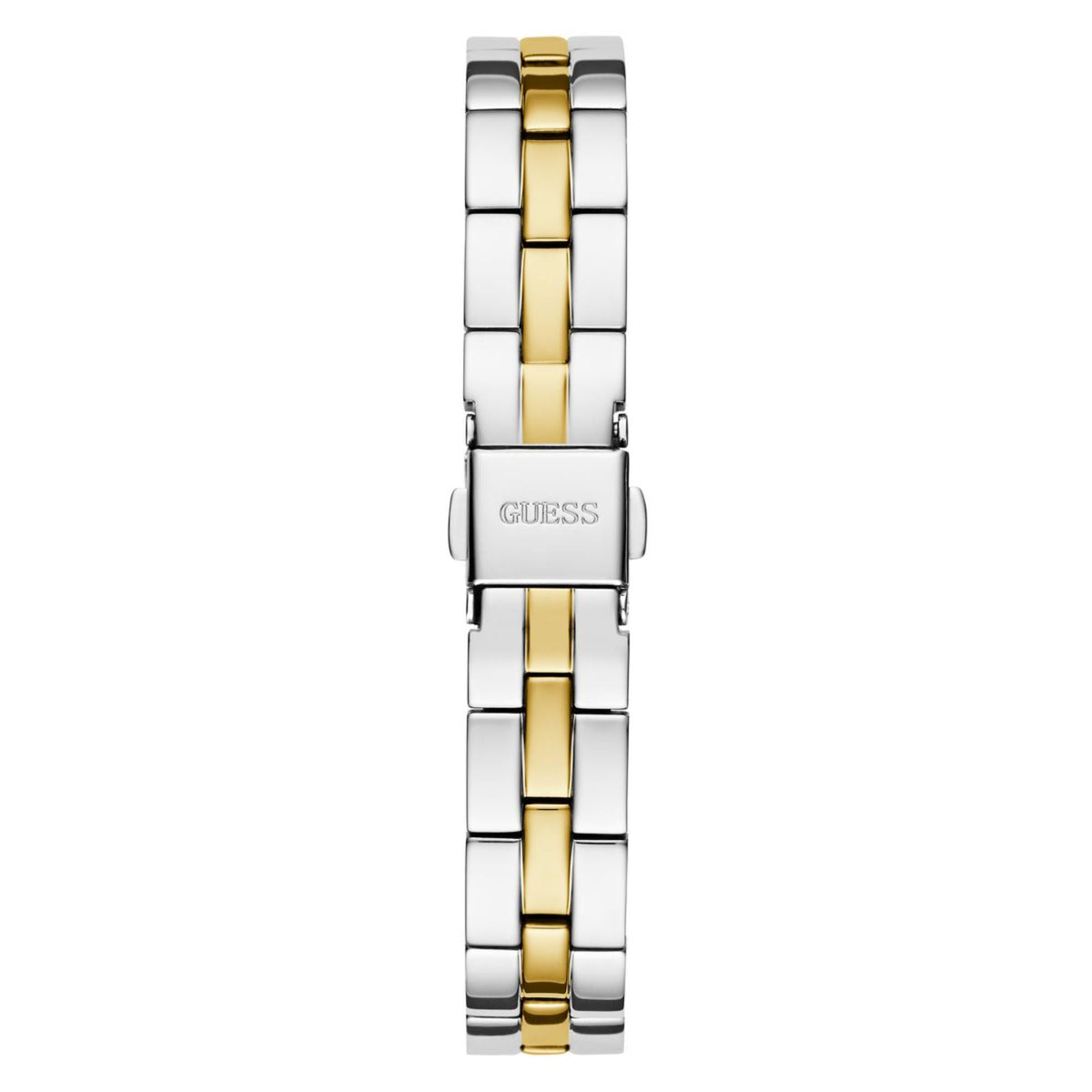 Two-tone stainless steel watch bracelet with clasp and vertical gold center stripe