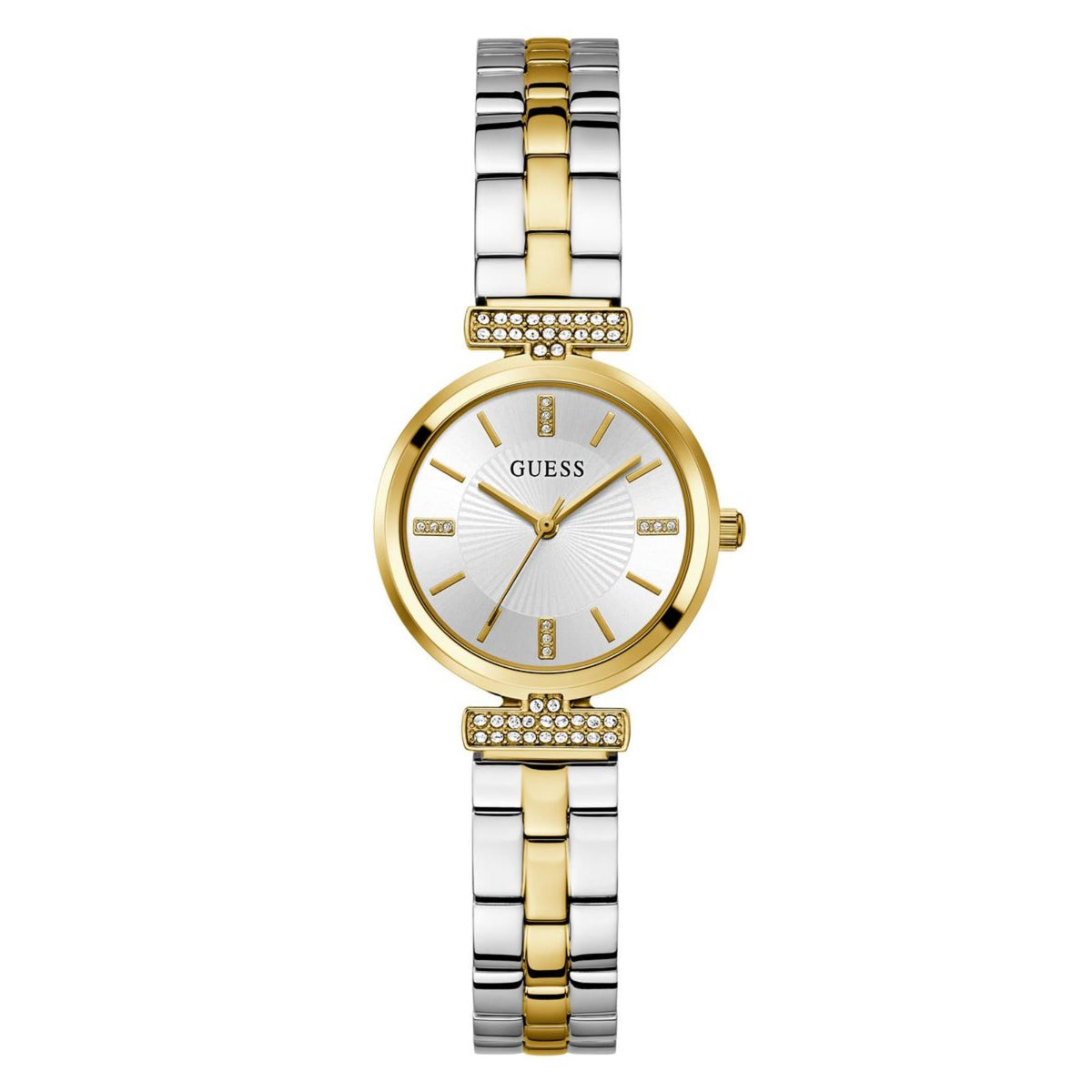 Guess women’s two-tone watch front view with white dial, gold bezel, and crystal-studded details