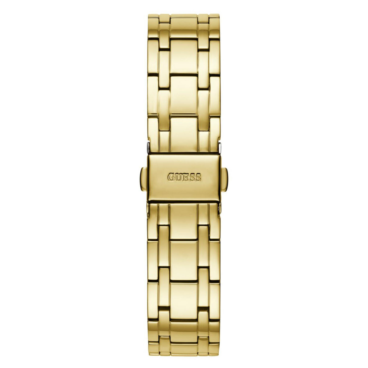Gold-tone women’s wrist watch with link bracelet and clasp, rear view