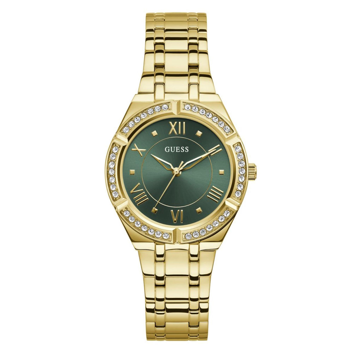 Gold-tone women’s watch featuring a dark green dial, crystal bezel, and Roman numerals