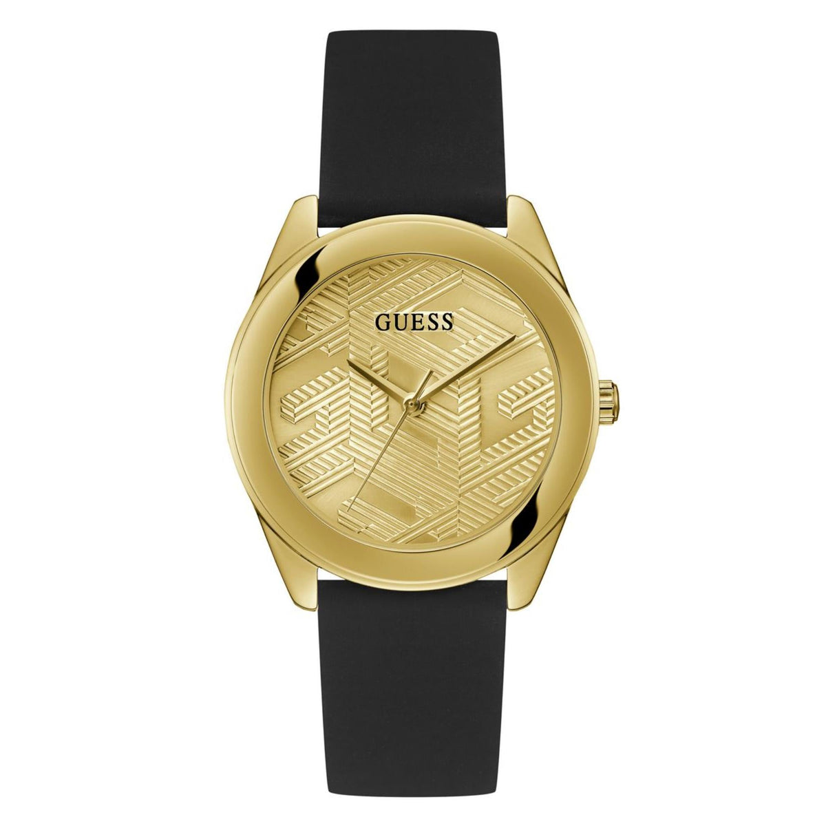 Women's Guess Cubed watch featuring gold patterned dial and black silicone strap