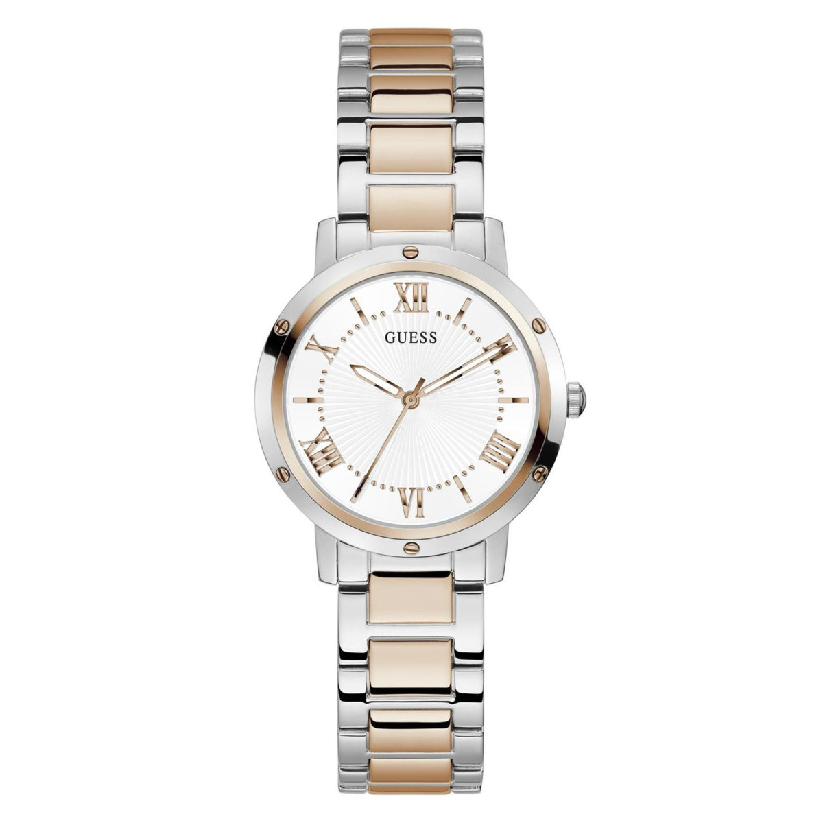 Two-tone stainless steel women’s wristwatch with round white dial and gold-tone markers