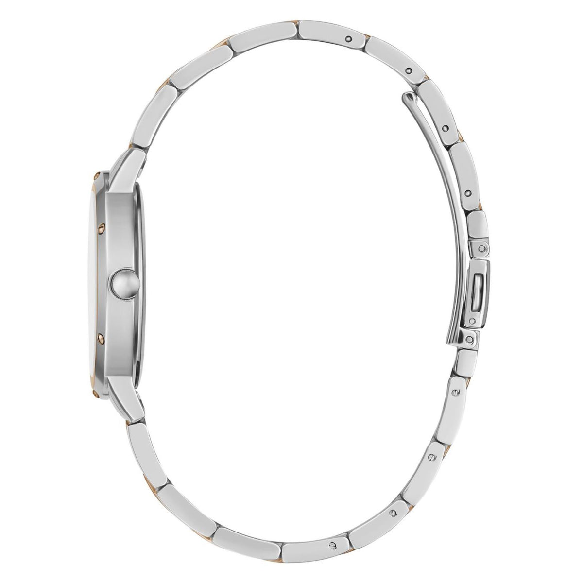 Stainless steel watch case and link bracelet, circular profile, no dial visible