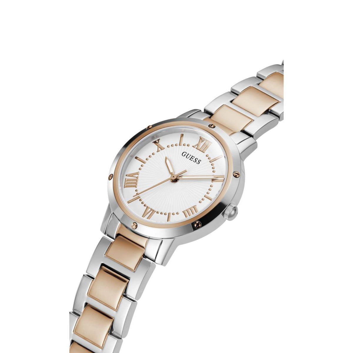 Round Guess women's watch with white dial, gold Roman numerals, and steel bracelet