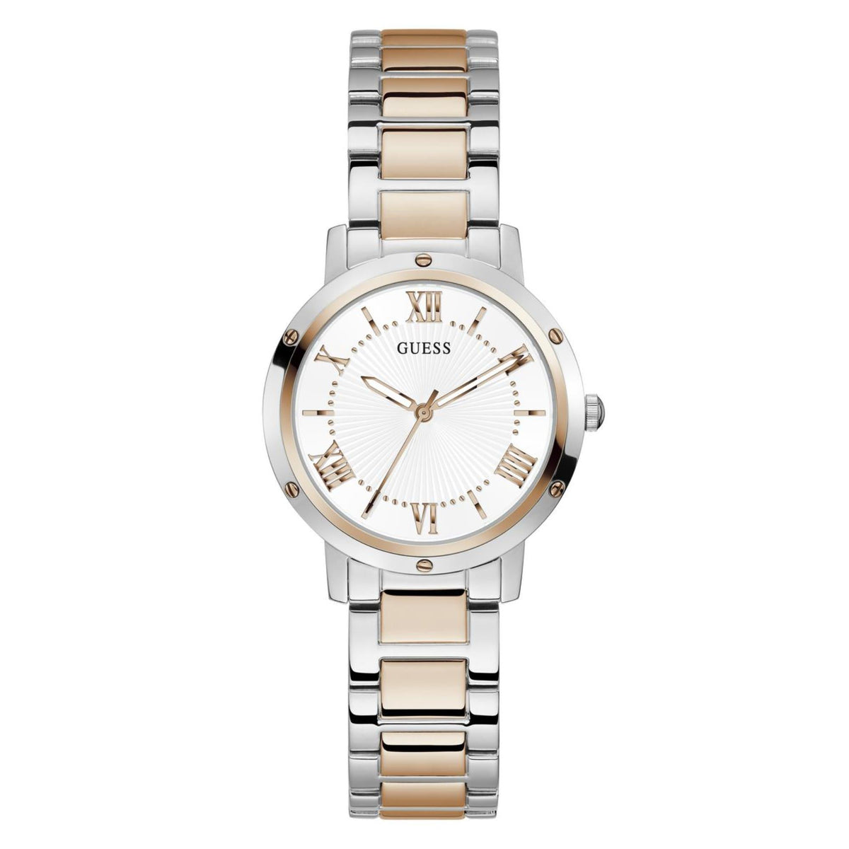 Front view of two-tone stainless steel women’s wristwatch with white dial and gold accents