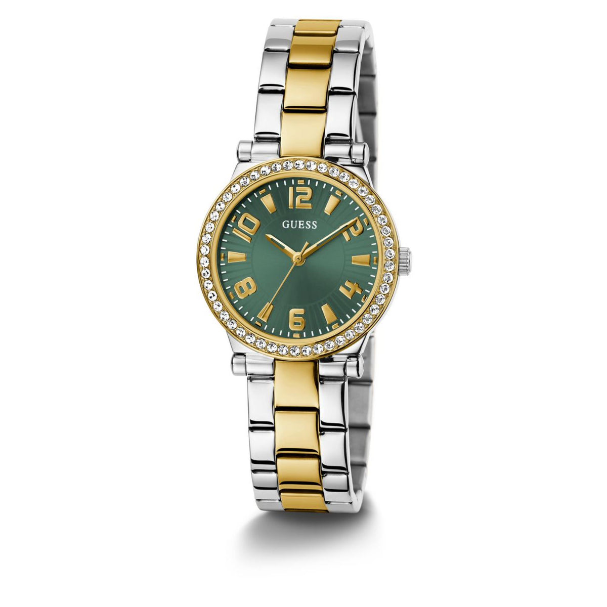Two-tone women's stainless steel watch with green dial, gold-tone indices, crystal bezel