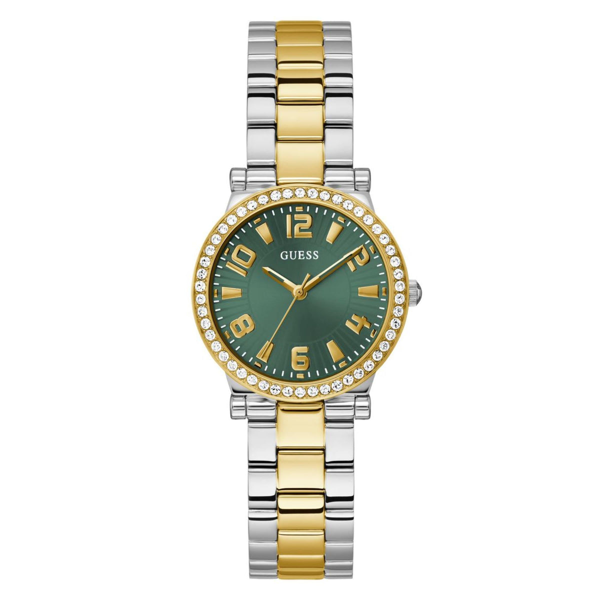 Women's two-tone stainless steel watch with green face, gold center links, crystal rim