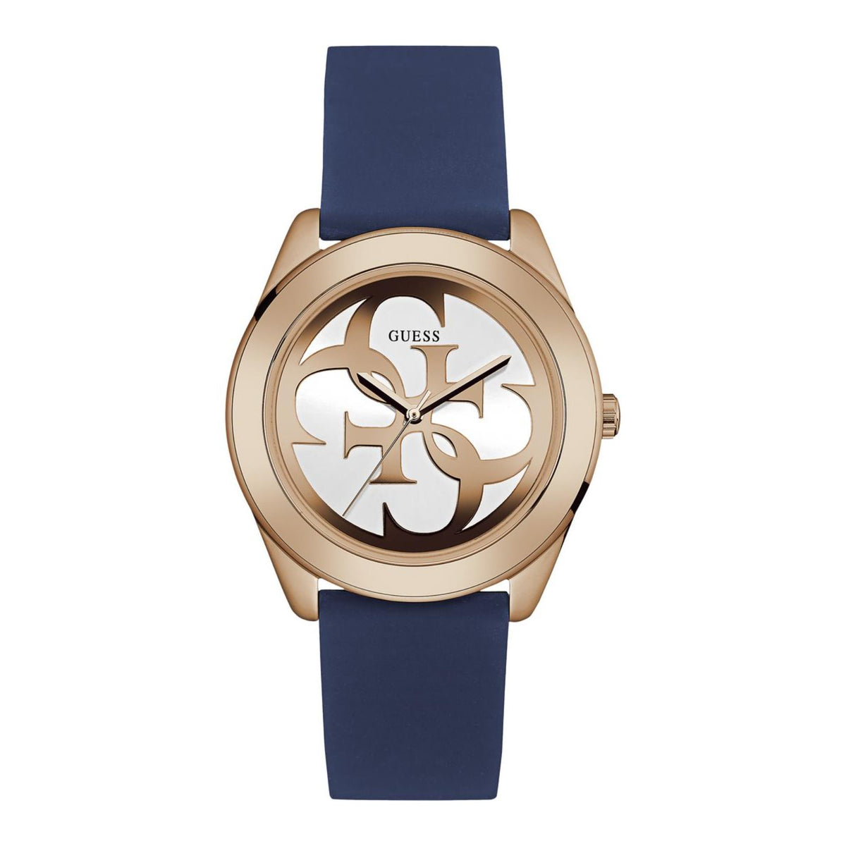Women’s watch with navy silicone strap, rose-gold case, white dial with GUESS logo