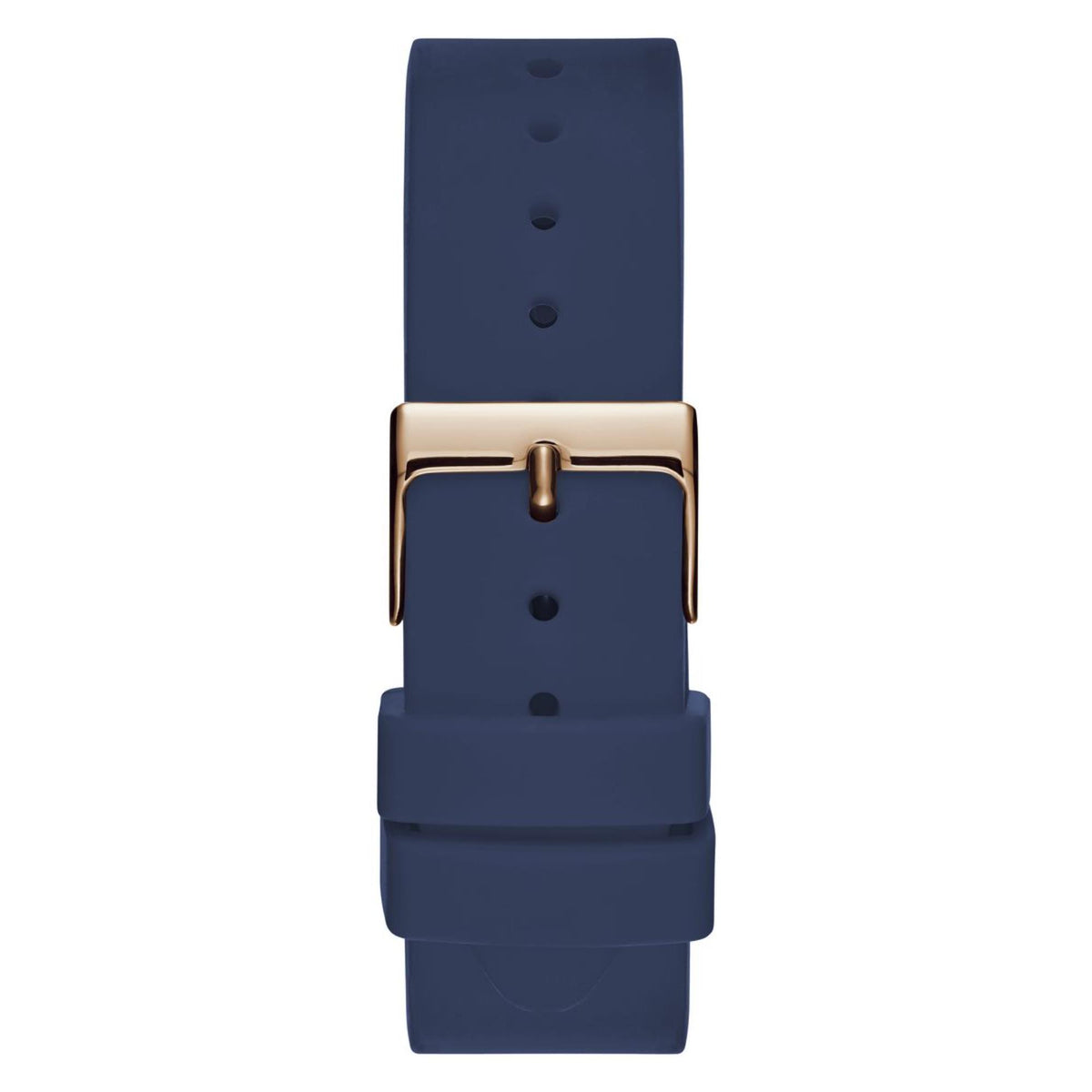 Back view of navy silicone watch band with rose-gold clasp and buckle