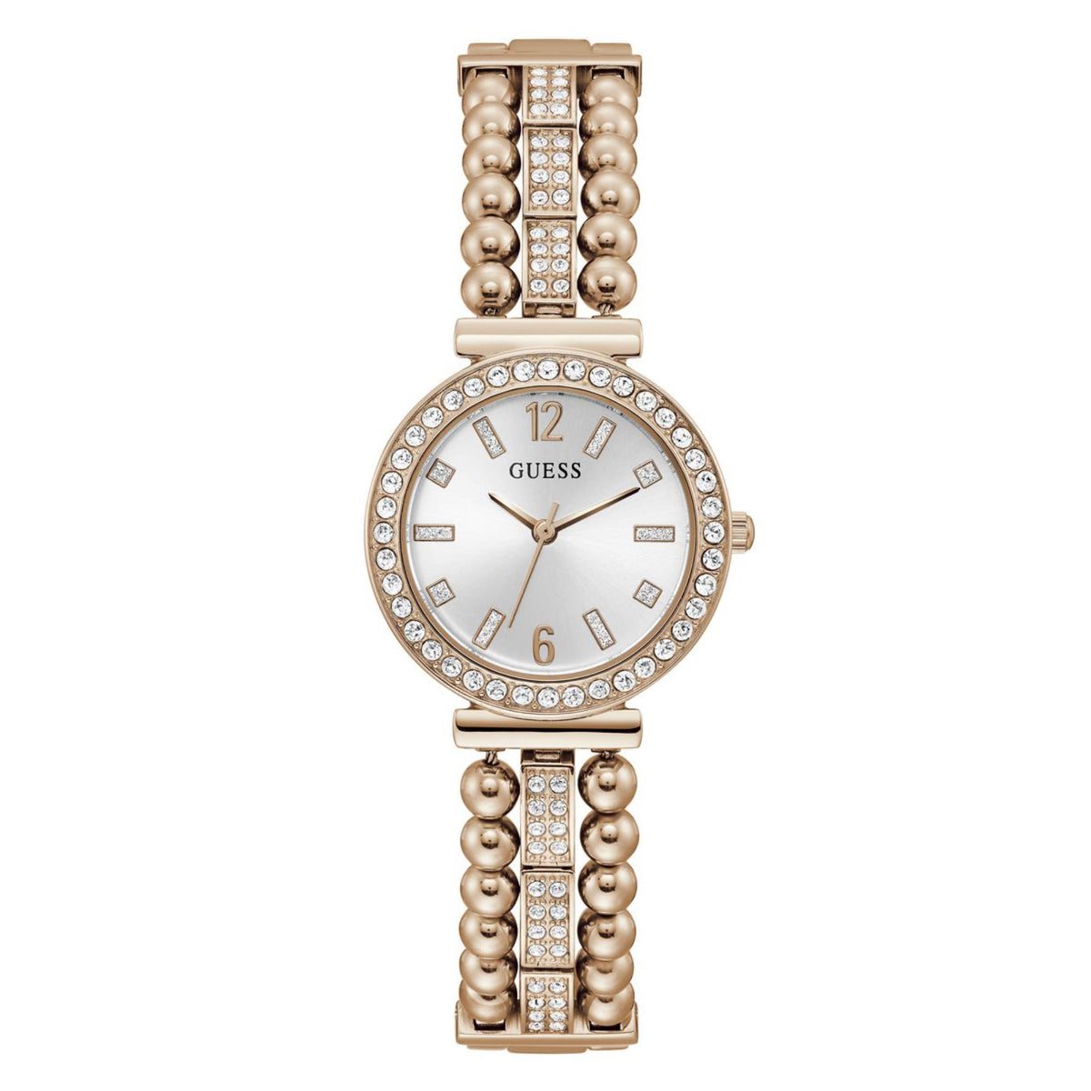 Gold-tone Guess watch with white dial, crystal-studded bezel, pearl-bead bracelet