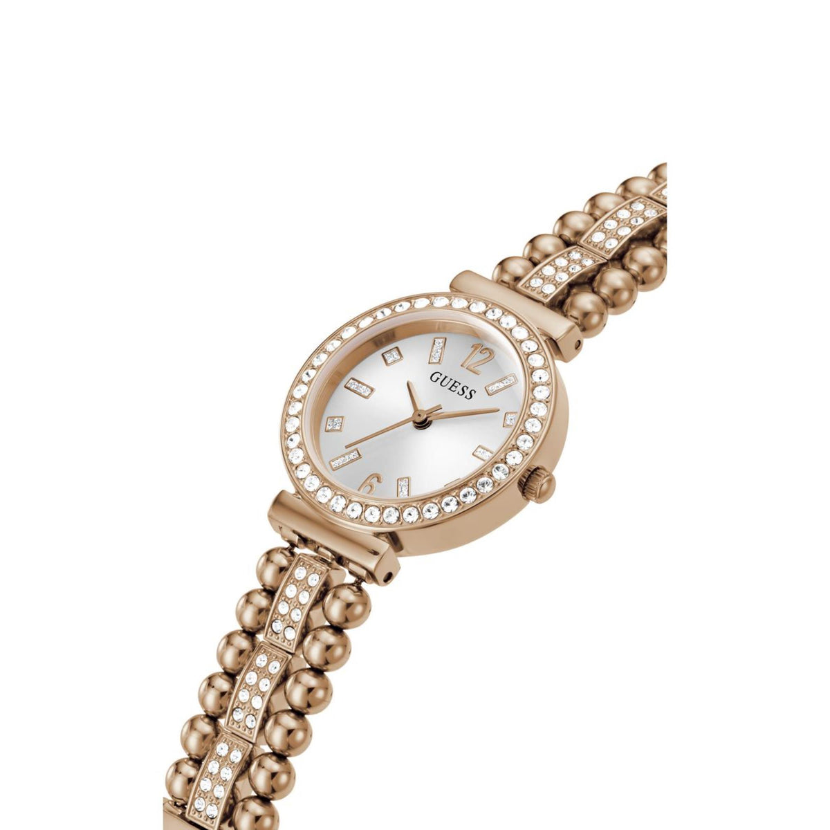 Guess gold-tone watch with white dial, roman numerals, crystal bezel, and bead-link bracelet
