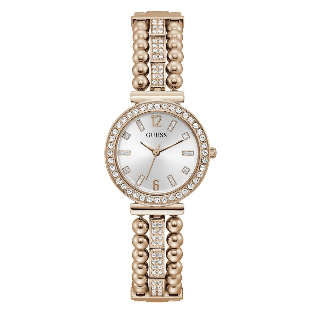 Gold-tone Guess women's watch with white dial, crystal bezel, pearl-bead bracelet
