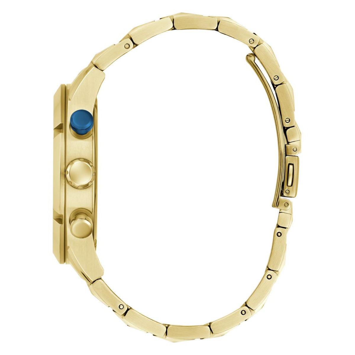 Side view of gold-tone watch case with blue accent crown and metal link bracelet.