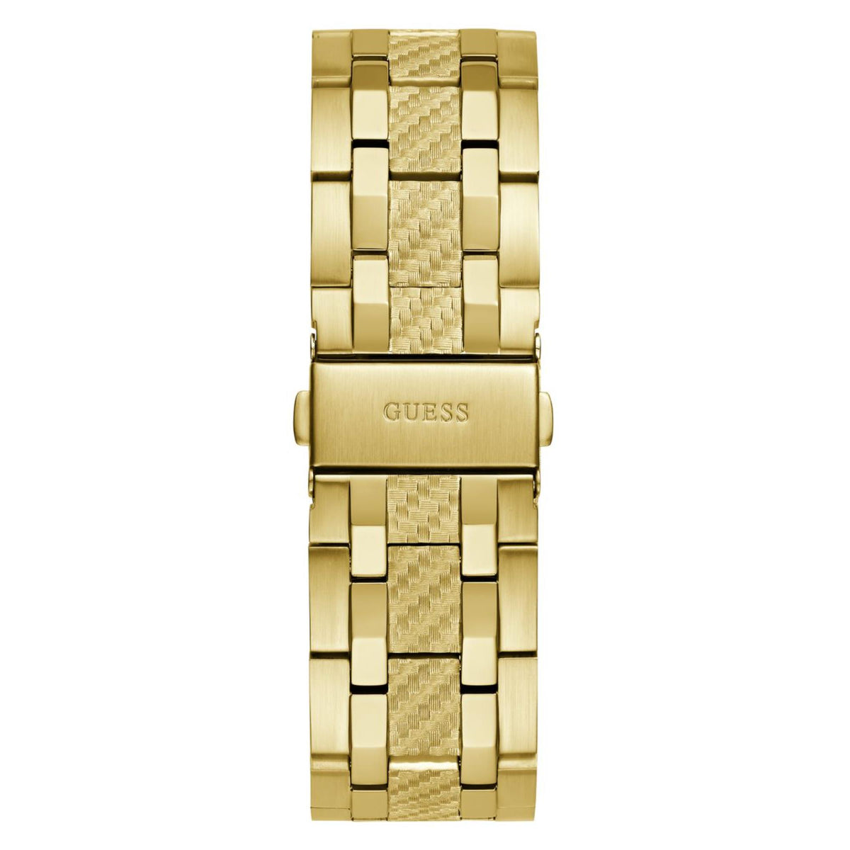 Gold-tone stainless steel watch band links with clasp and GUESS engraving.