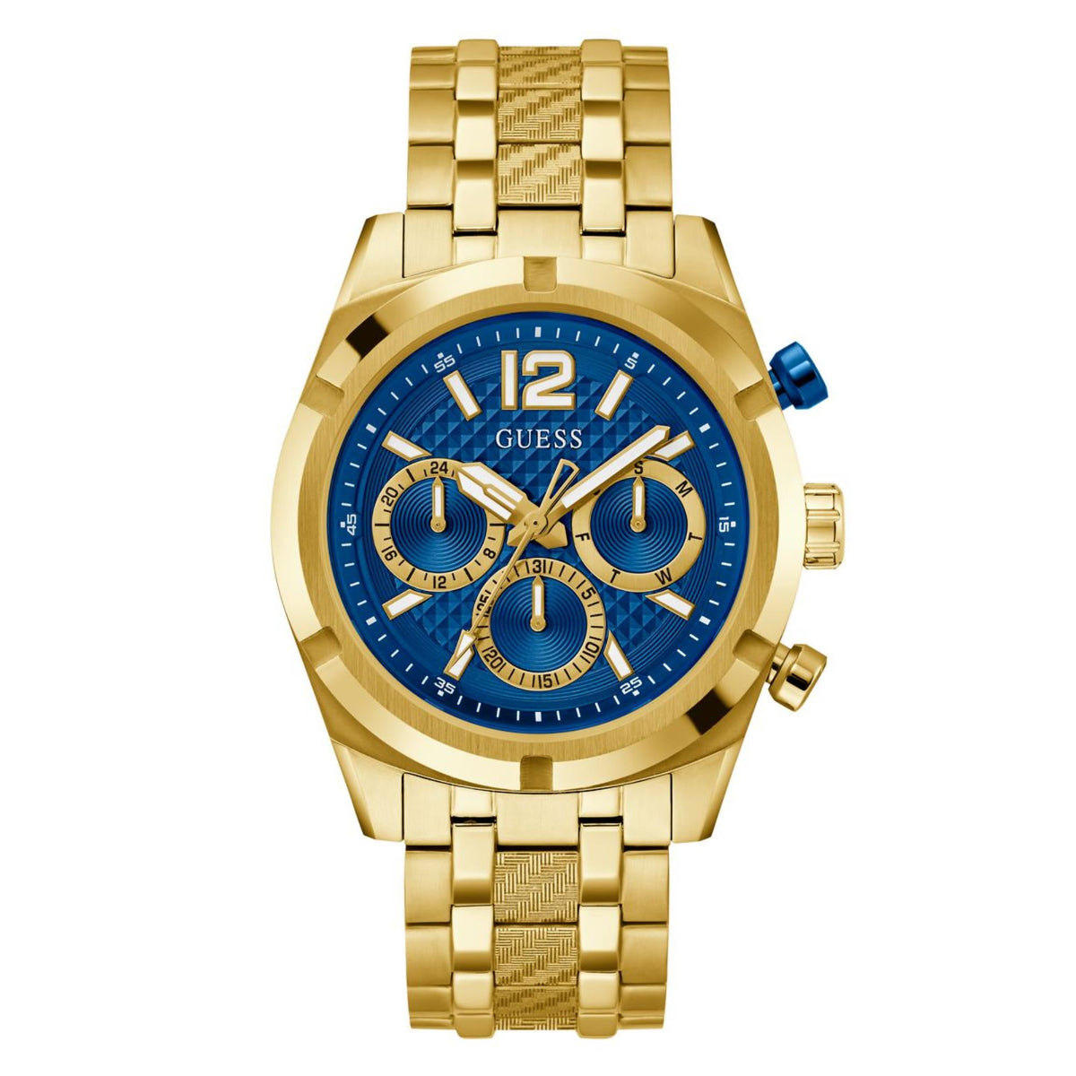 Gold-tone stainless steel wristwatch with blue dial and three subdials, front view