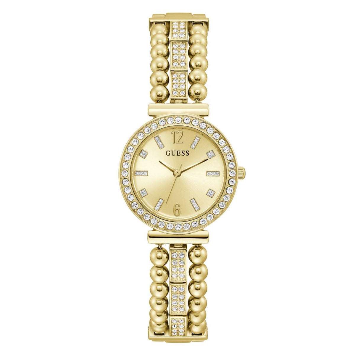 Gold-tone women's watch front view with champagne dial, crystal bezel, and bead bracelet strap