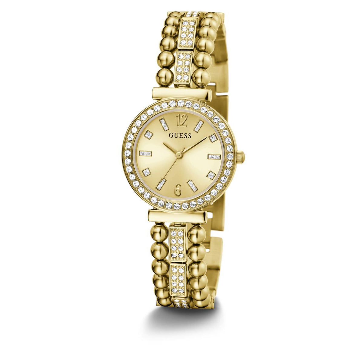 Guess Gala women's gold-tone watch with champagne dial, crystal bezel, linked bracelet