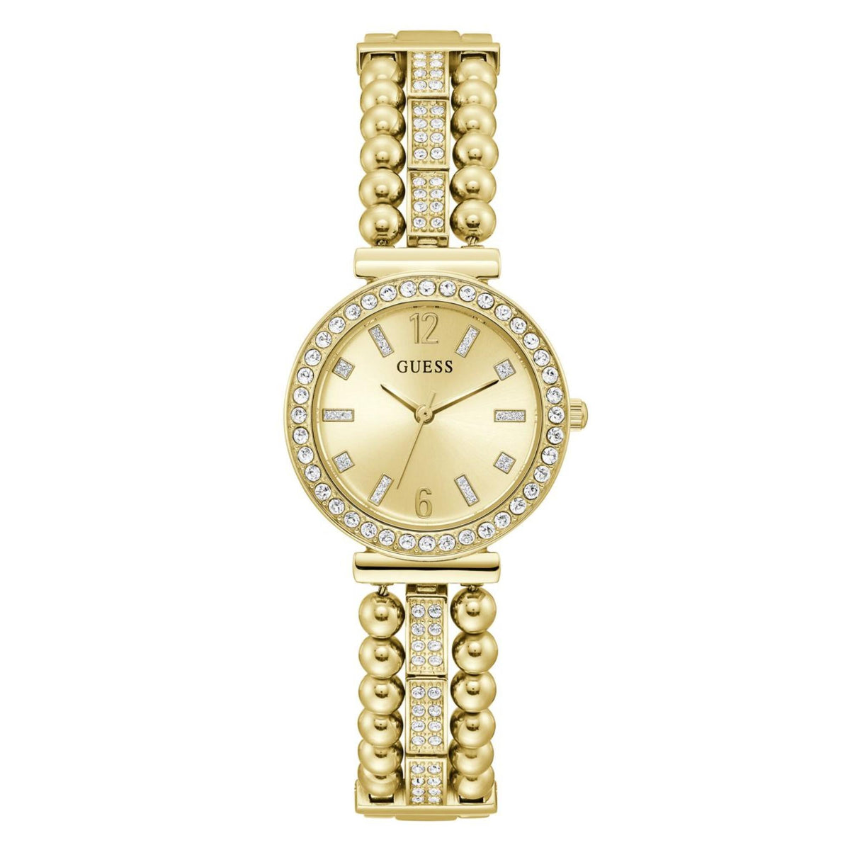 Gold-tone women's wristwatch front view with champagne dial, crystal bezel, and bead bracelet