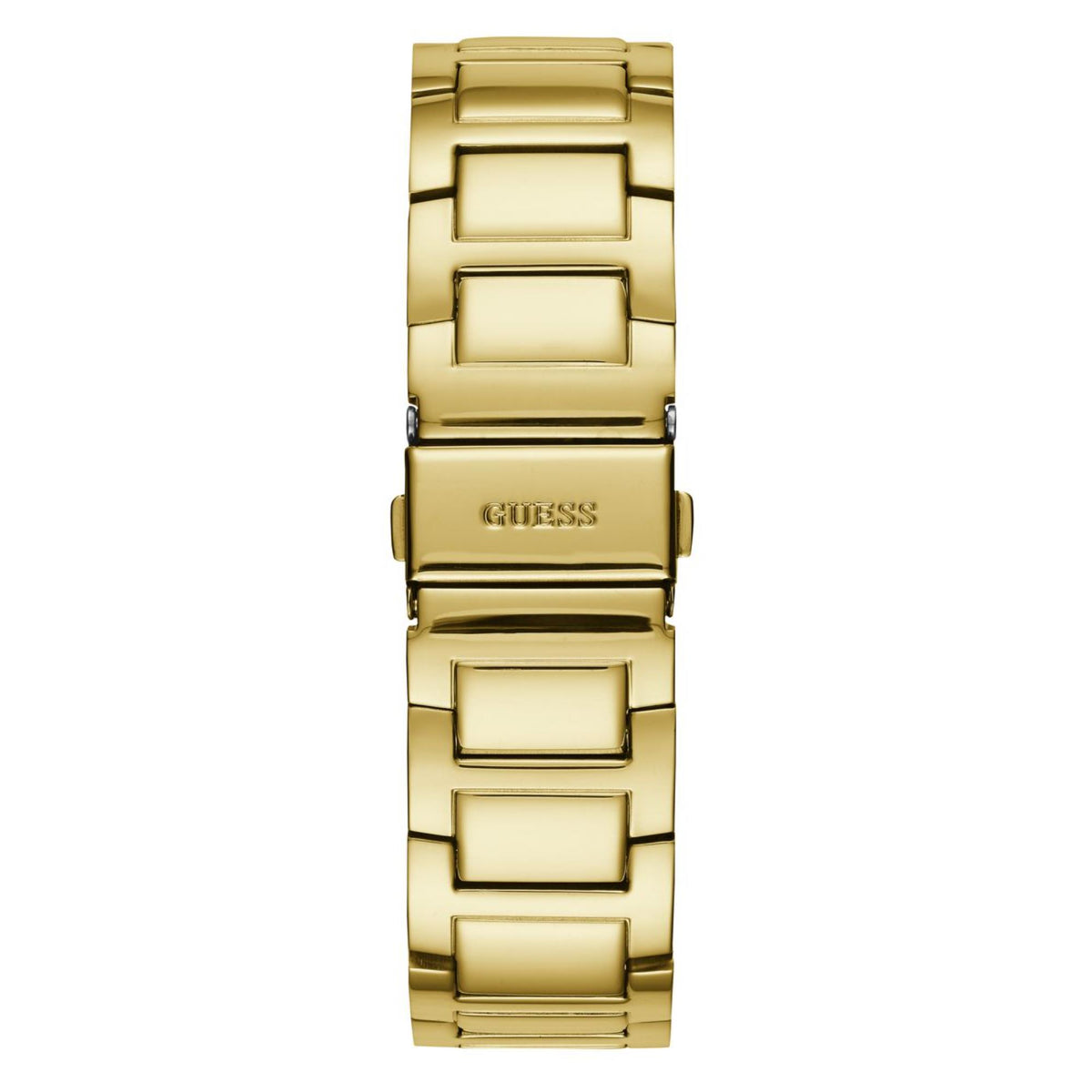 Gold metal strap women's watch with rhinestone blocks and champagne multi-dial face.