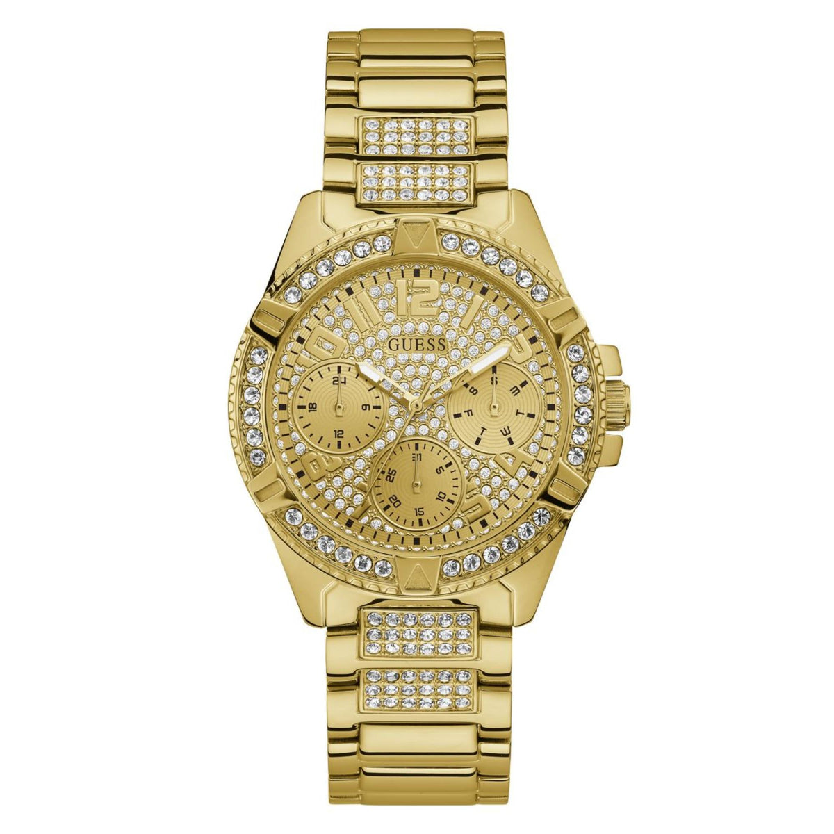 Gold women's rhinestone bezel watch with champagne dial and three subdials, metal bracelet.
