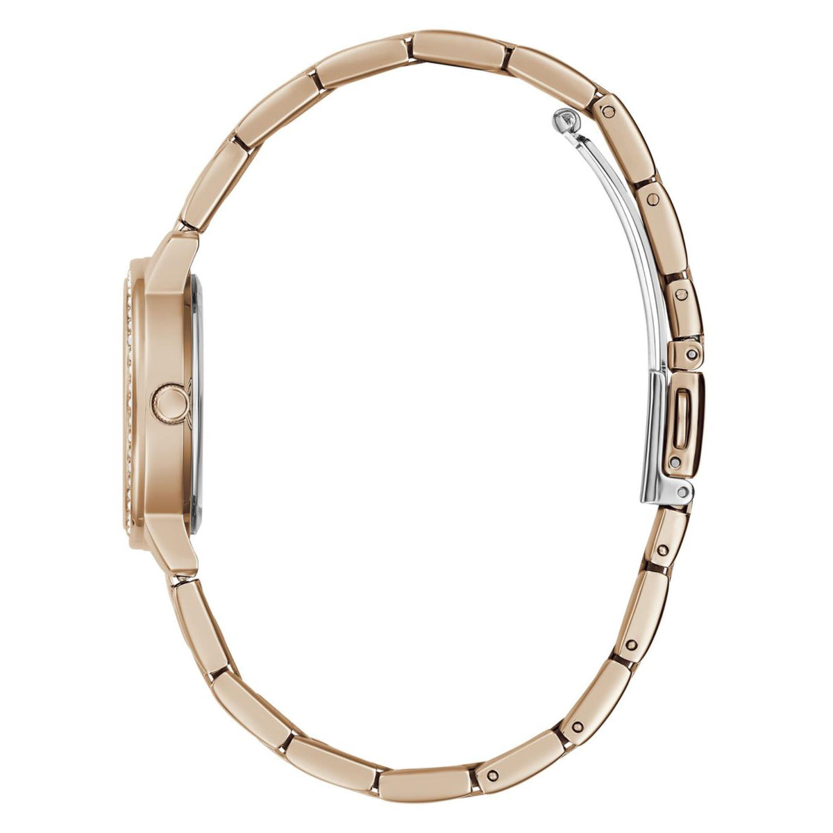 Gold-tone stainless steel watch viewed from the side, showing linked bracelet and case.
