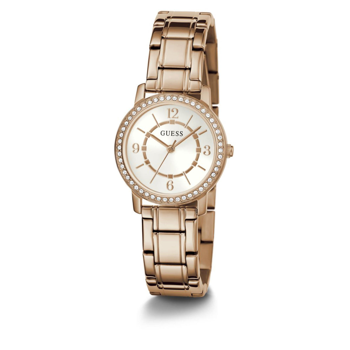 Gold-tone stainless steel women’s watch with white dial and sparkling rhinestone bezel.