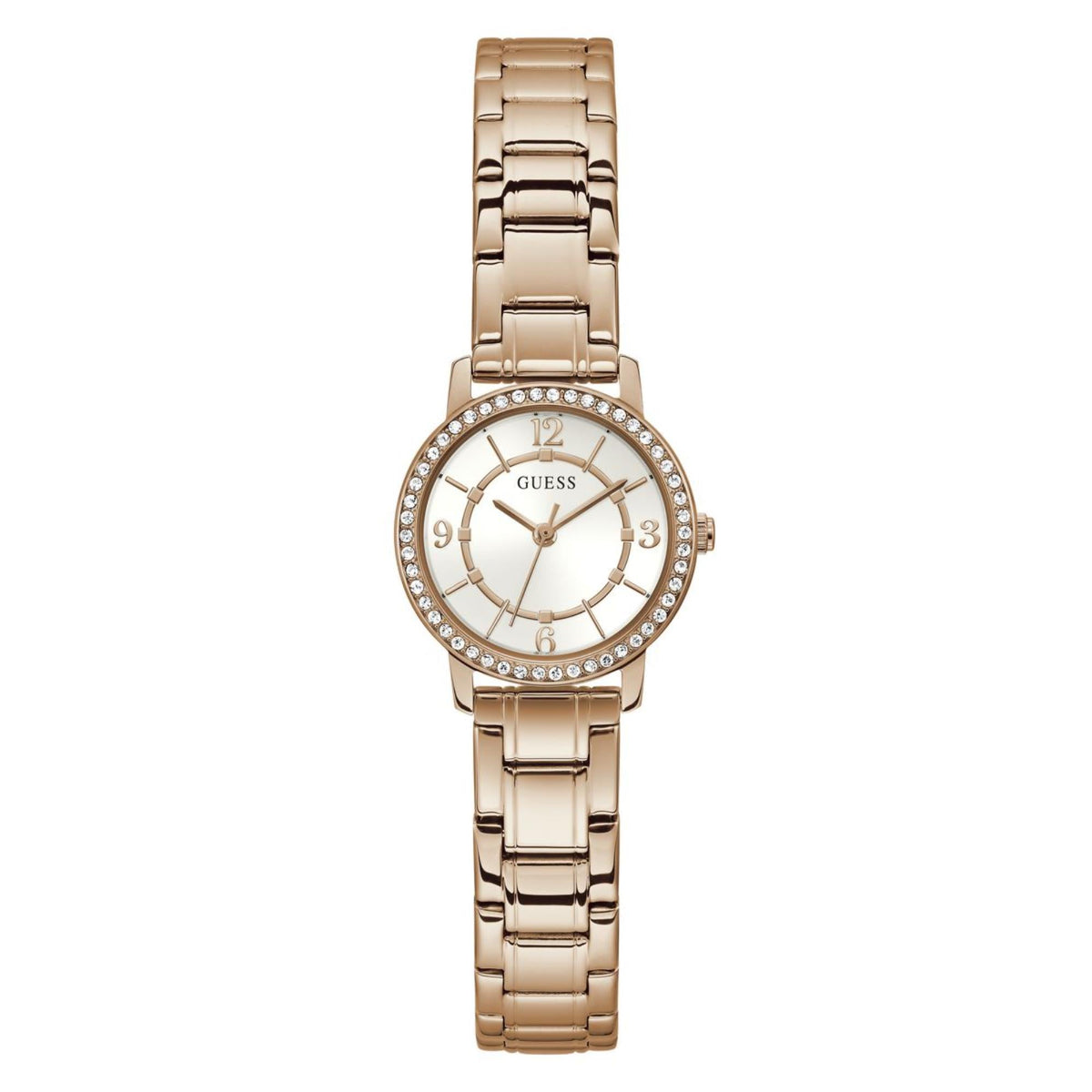 Gold-tone stainless steel watch with white dial, rhinestone bezel, and linked bracelet.